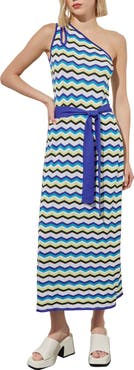 Ming Wang One-Shoulder Chevron Stitch Maxi Sweater Dress