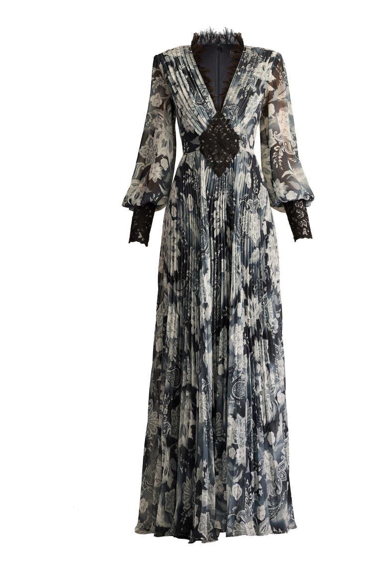 Paisley Floral Lace Detail Long Sleeve Pleated Georgette Gown, Alternate, color, IVORY/ BLACK