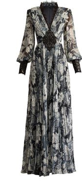 Tadashi Shoji Paisley Floral Lace Detail Long Sleeve Pleated Georgette Gown