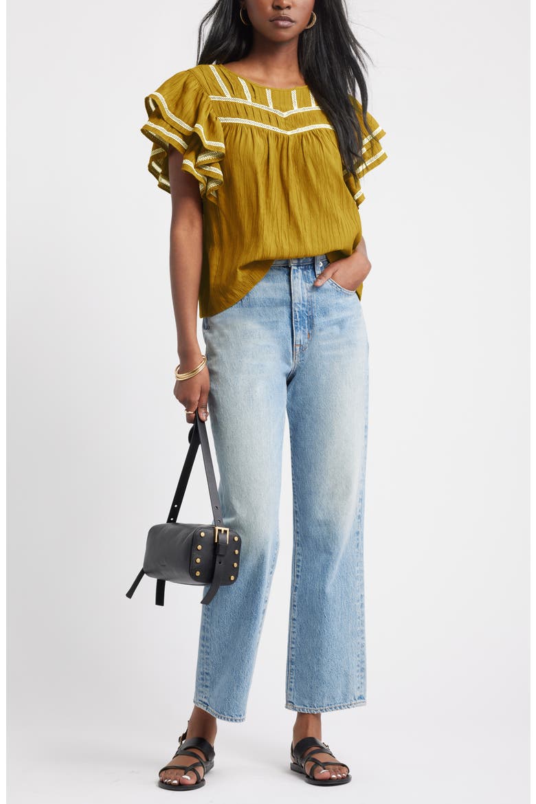Double Ruffle Sleeve Top, Alternate, color, OLIVE OIL