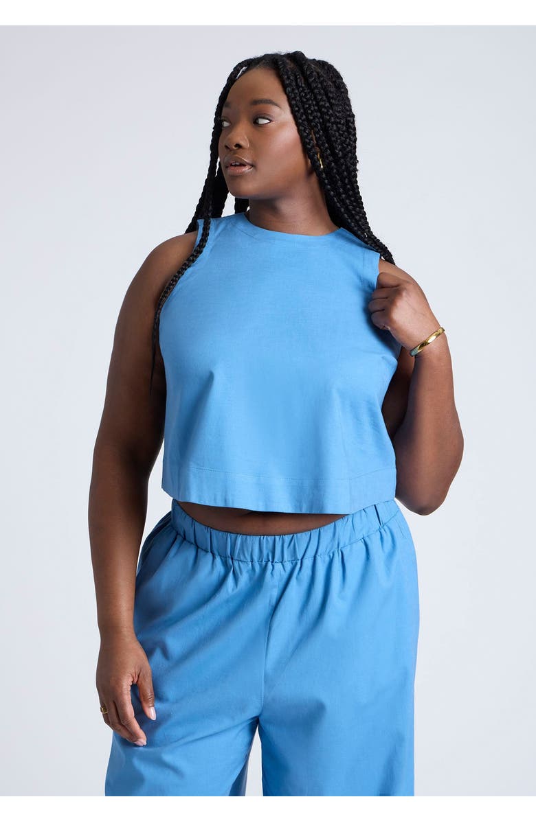 ELOQUII Linen-Blend Boxy Scoop Neck Crop Tank, Main, color, Parisian Blue