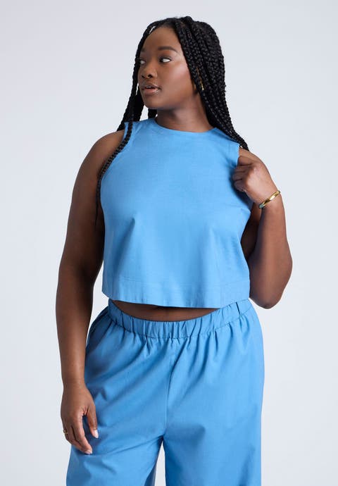 Linen-Blend Boxy Scoop Neck Crop Tank (Plus Available)