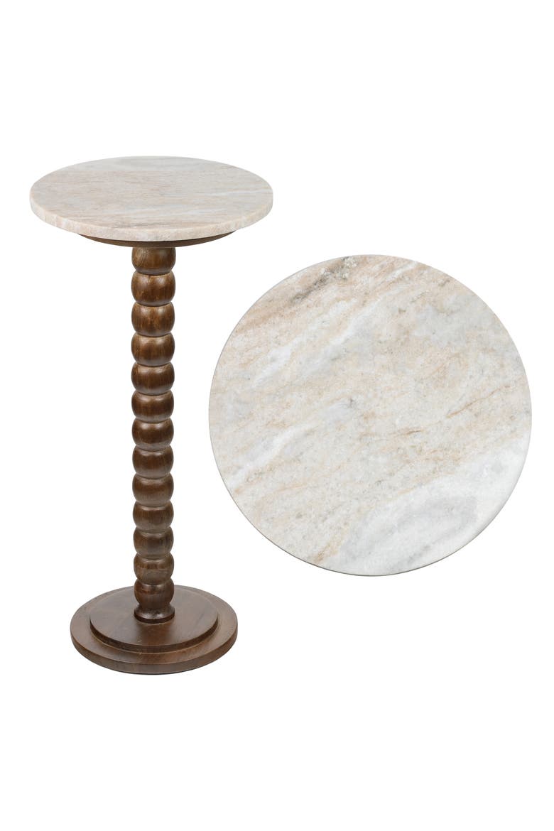 Monroe Farmhouse Wood Drink Table, Marble Round Top Bobbin Spool Pedestal Base, Decorative Accent End Table, Main, color, Dark Brown/Beige/Gray