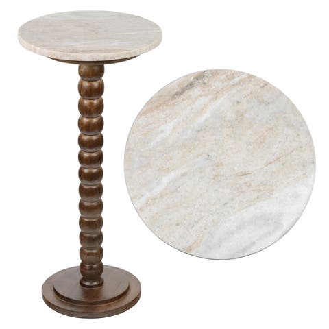 Monroe 24.25" Rustic Farmhouse Spindle Wood Drink Table and Decorative End Table with White/Beige Marble Round Top