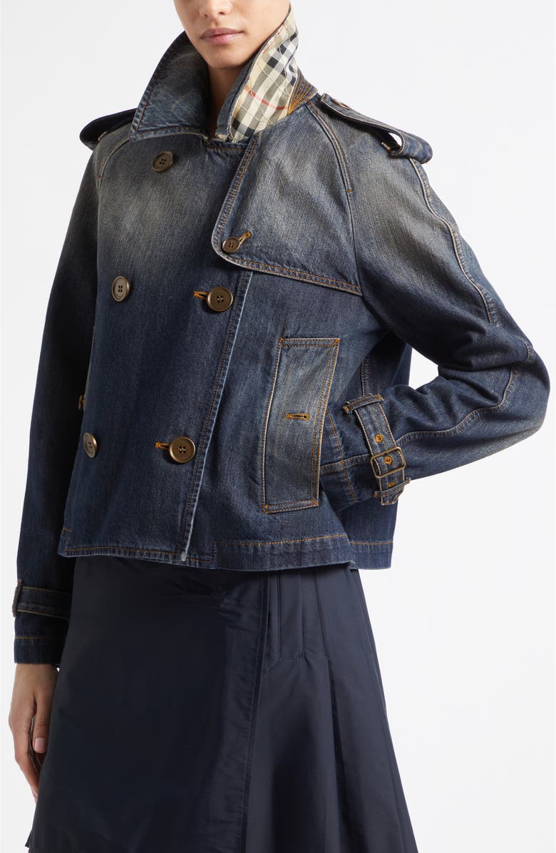 Burberry Mayfair Crop Denim Trench Jacket, Alternate, color, Mid Blue