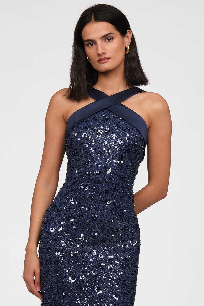 Kiki Beaded Column Gown, Alternate, color, Nautical Navy