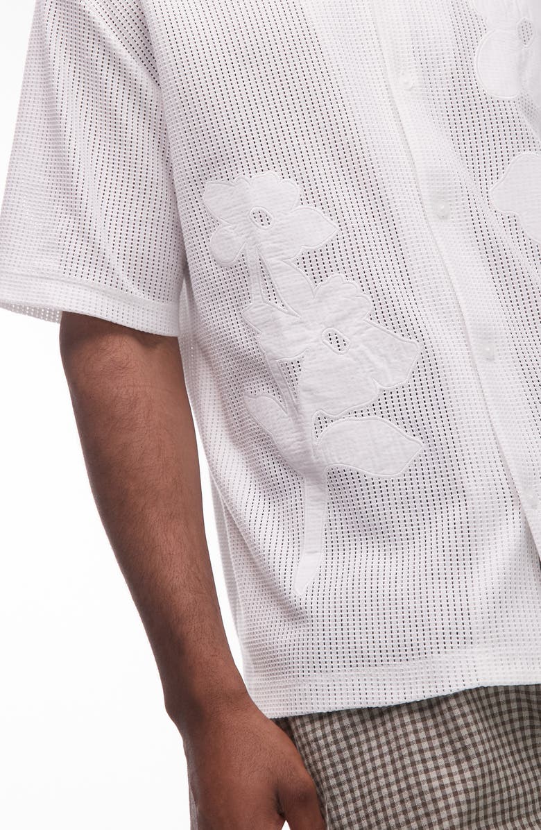 Topman Floral Appliqué Mesh Camp Shirt, Alternate, color, White