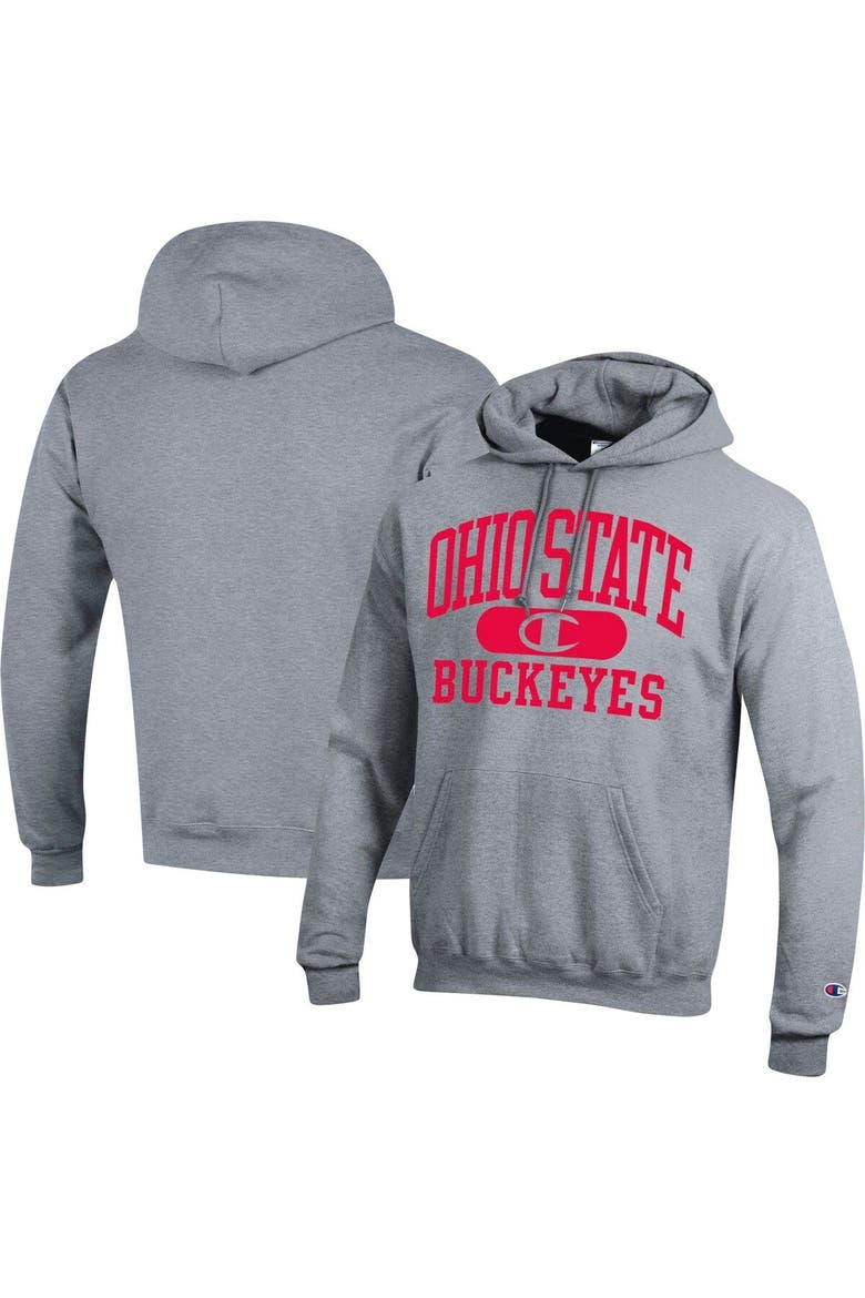 Men's Champion Heather Gray Ohio State Buckeyes Arch Pill Pullover Hoodie, Main, color, Heather Gray