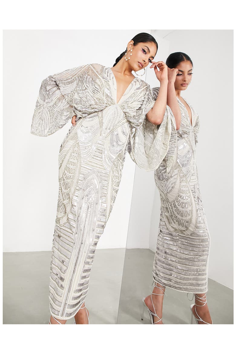 EDITION Sequin Long Sleeve Midi Dress, Alternate, color, WHITE