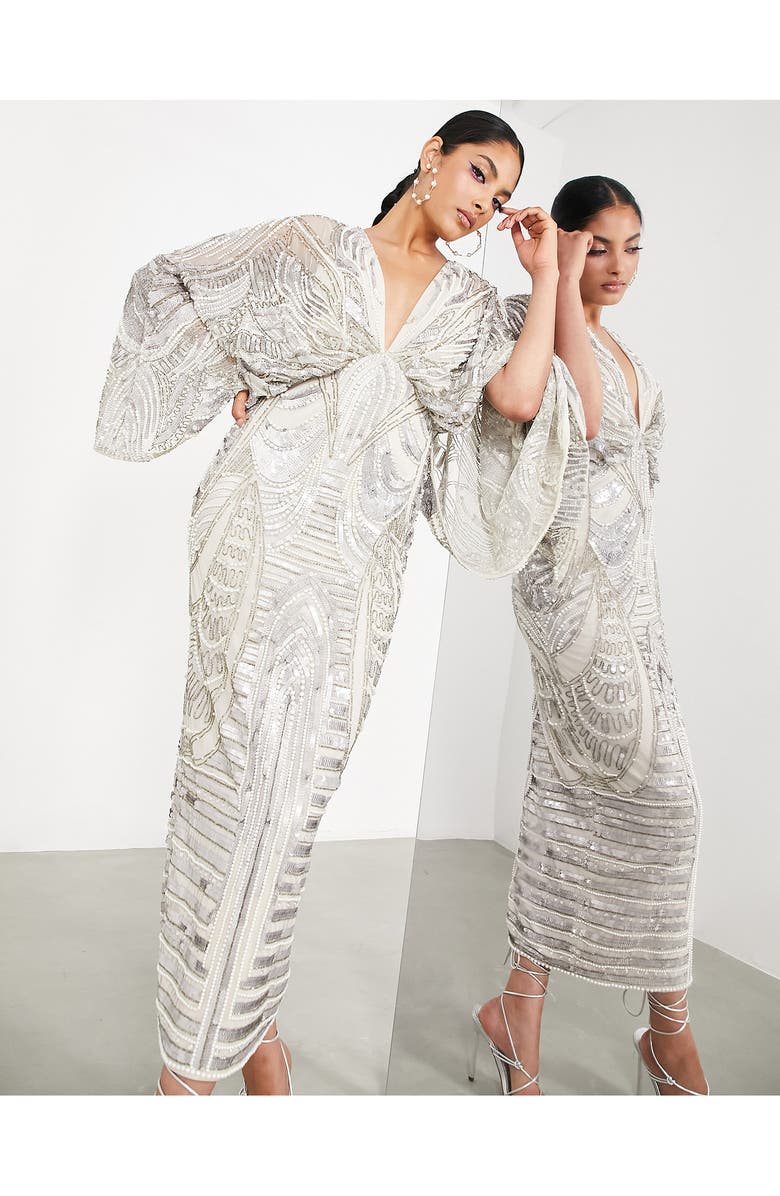ASOS DESIGN EDITION Sequin Long Sleeve Midi Dress, Alternate, color,