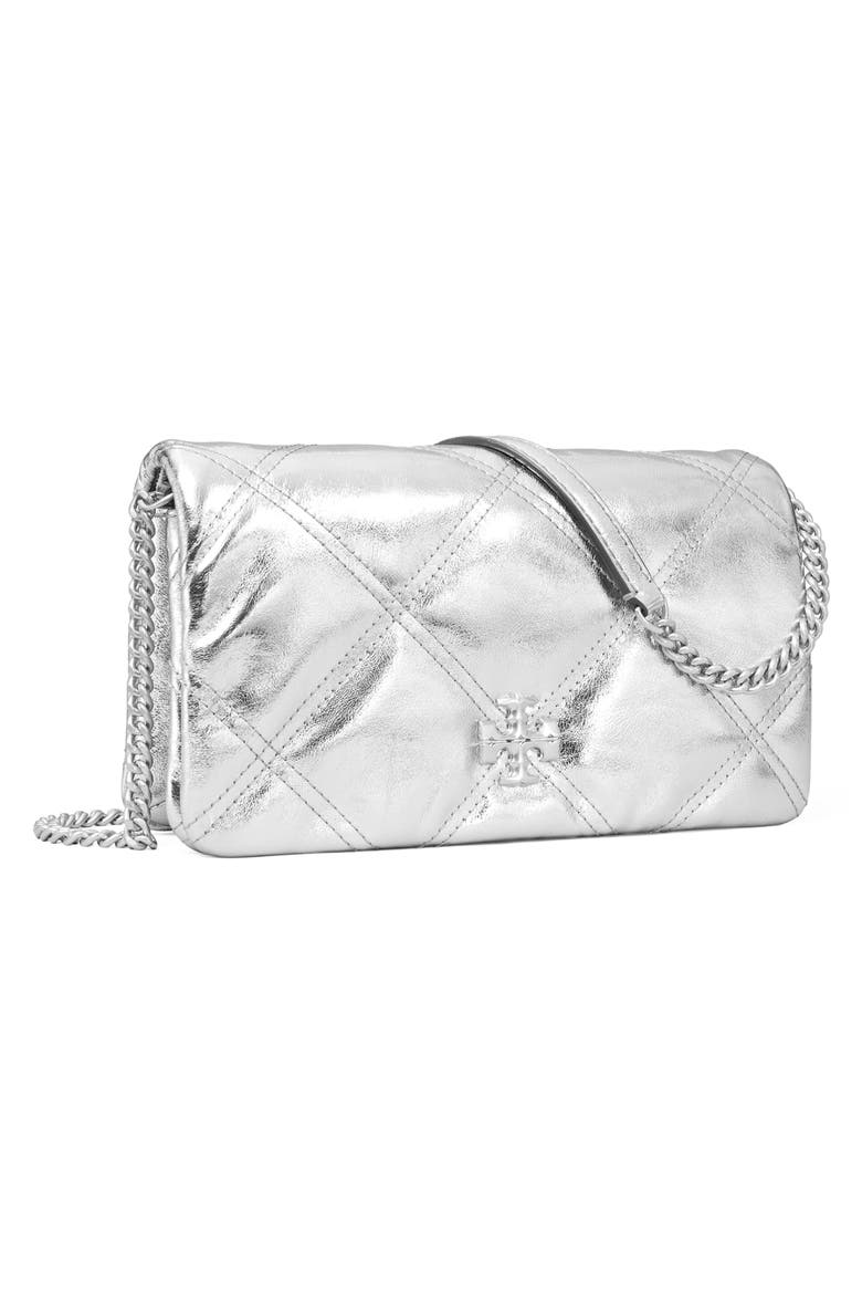 Kira Diamond Quilted Metallic Leather Wallet on a Chain, Alternate, color, SILVER