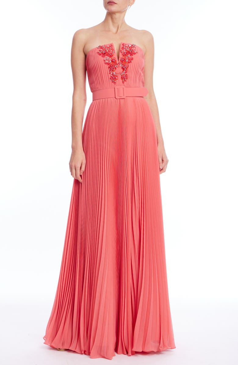 Badgley Mischka Collection Embellished Pleated Strapless Gown, Main, color, Coral