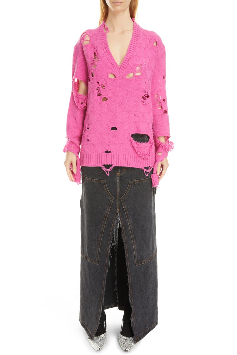 Broken Heart Oversize Distressed Wool Sweater, Alternate, color, PINK