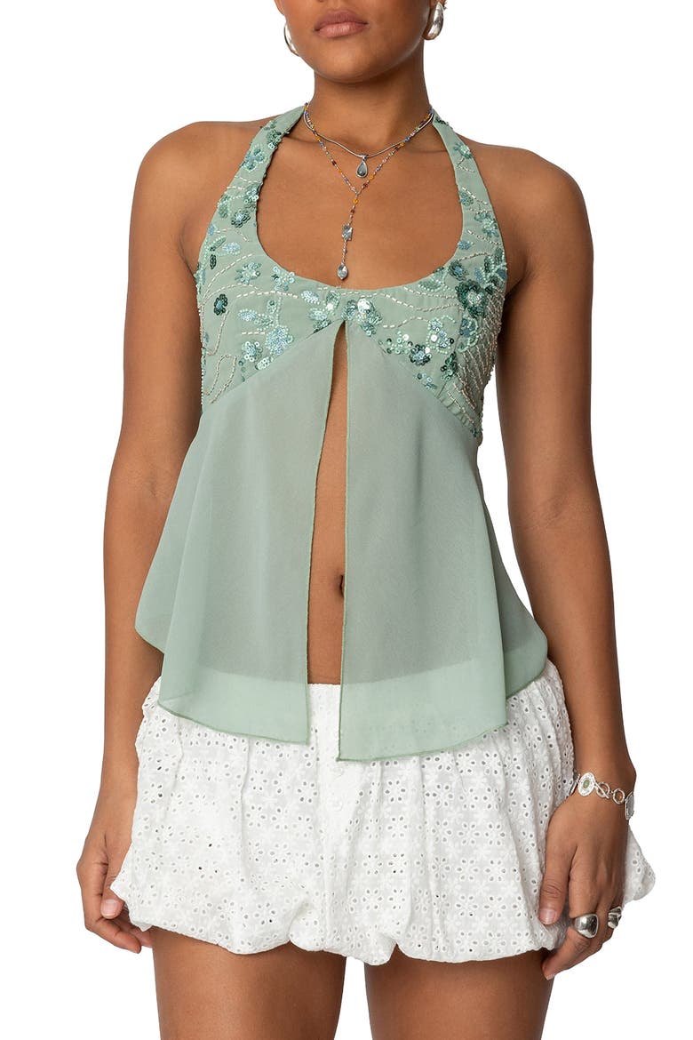Floral Sequin Split Chiffon Halter Top, Main, color, SAGE