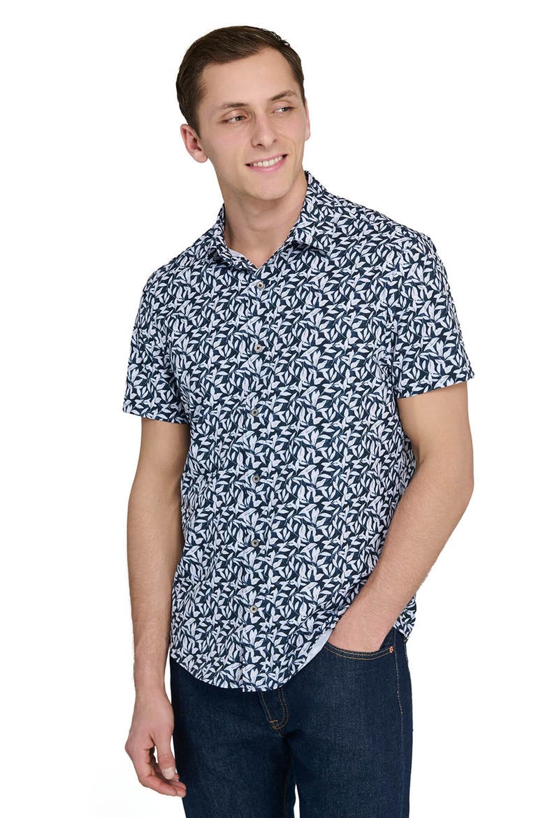 Leaf Print Short Sleeve Performance Button-Up Shirt, Alternate, color, NAVY