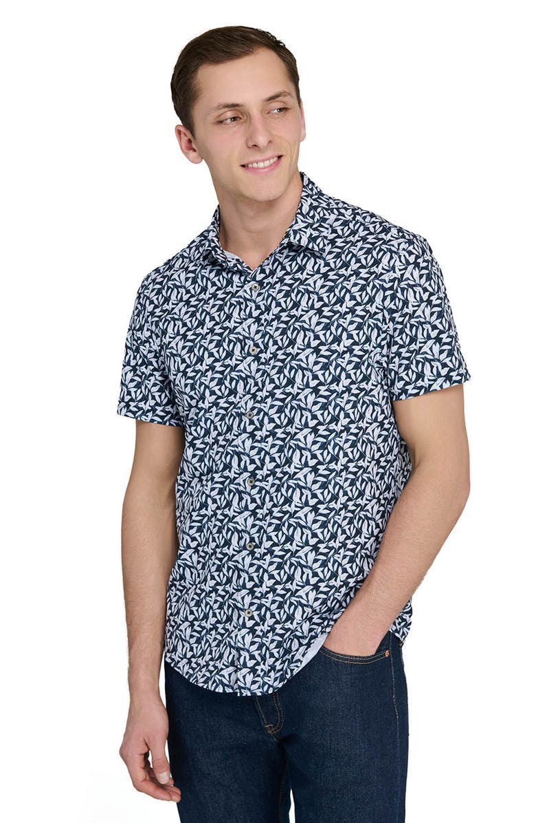 W.R.K Leaf Print Short Sleeve Performance Button-Up Shirt, Alternate, color, Navy