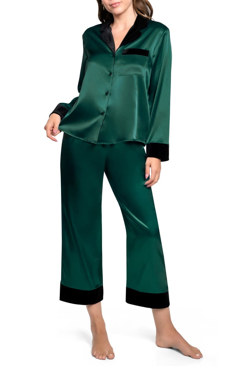 In Bloom by Jonquil Josie Velvet Trim Satin Crop Pajamas, Main, color, Winter Green