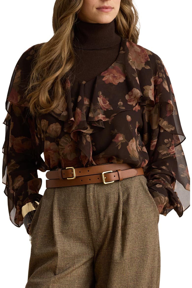 Floral Ruffle Trim Chiffon Top, Main, color, BROWN