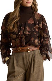 Lauren Ralph Lauren Floral Ruffle Trim Chiffon Top