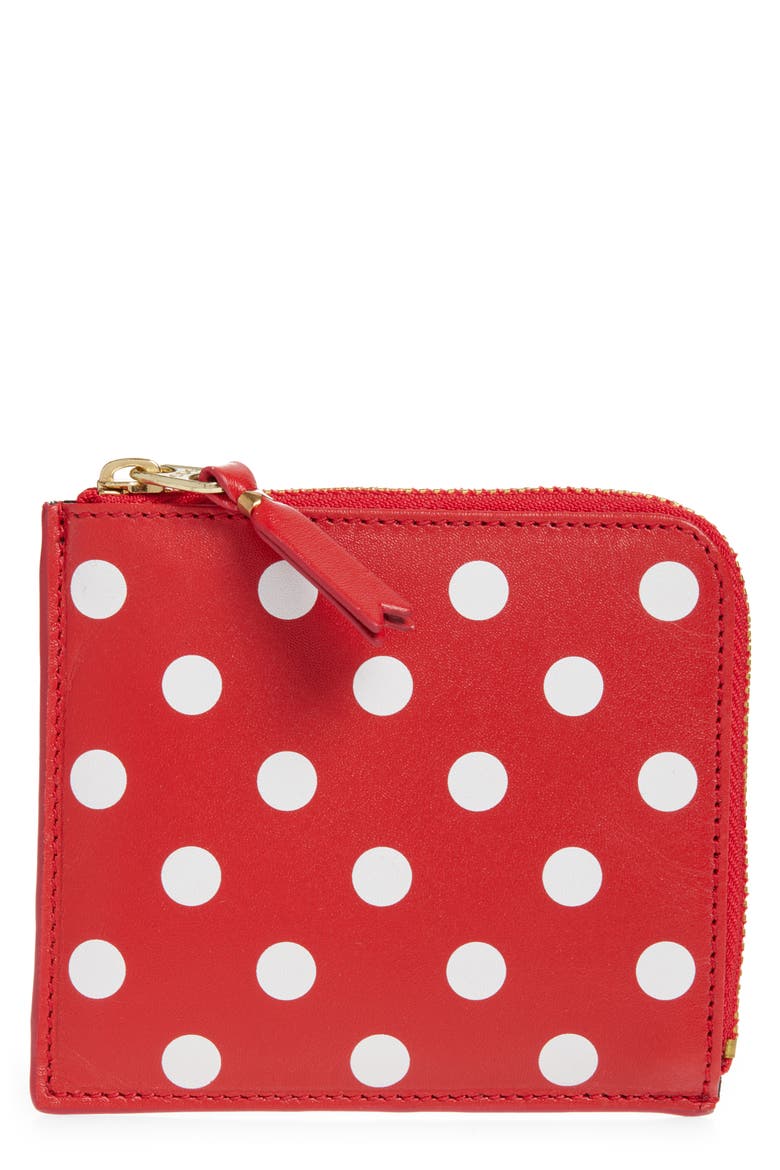 Dot Print Half Zip Leather Wallet, Main, color, RED