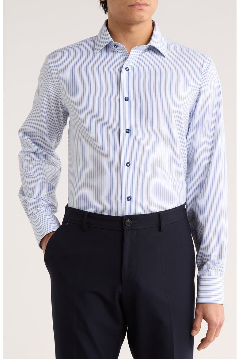 Trim Fit Textured Vertical Stripe Cotton Dress Shirt, Main, color, WHITE/ NAVY
