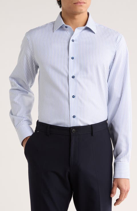 Trim Fit Textured Vertical Stripe Cotton Dress Shirt