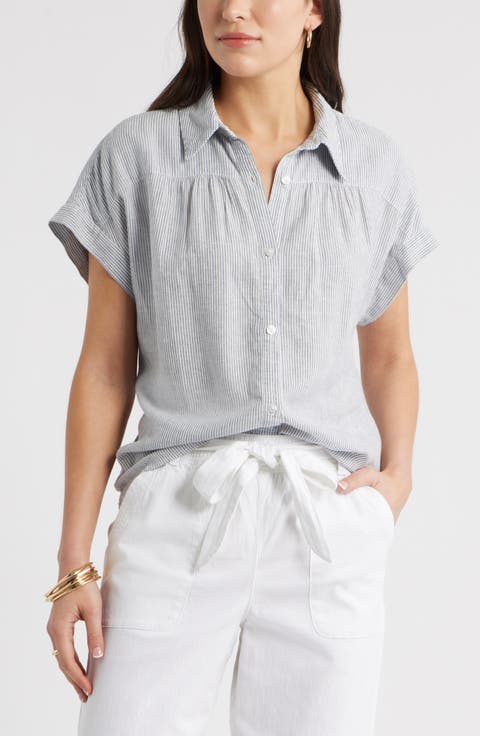 Short Sleeve Linen Blend Button-Up Shirt