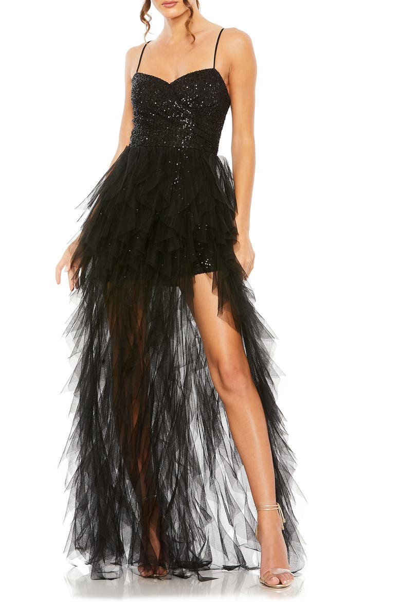 Ruffle High Low Tiered Train Sequin Mini Dress, Main, color, BLACK