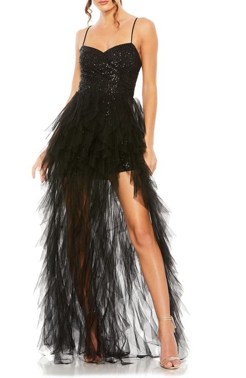 Ruffle High Low Tiered Train Sequin Mini Dress