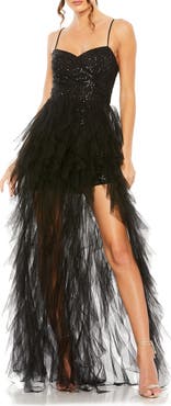 Mac Duggal Ruffle High Low Tiered Train Sequin Mini Dress