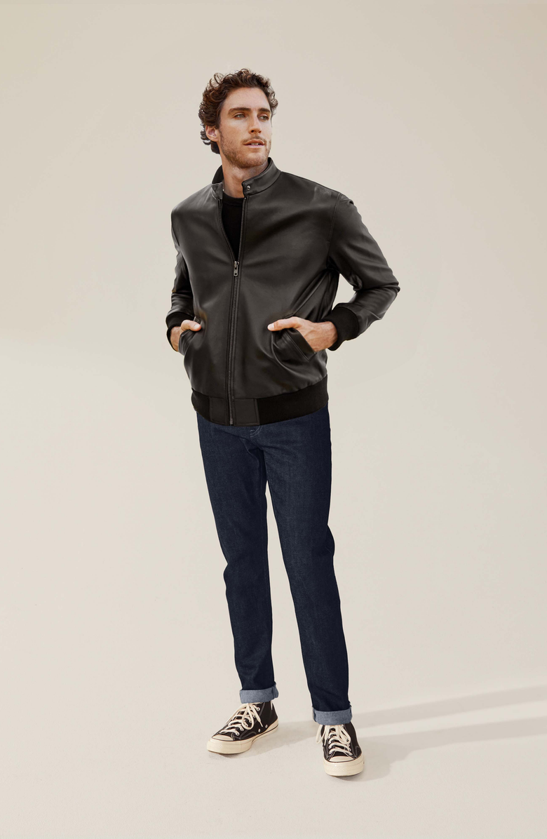 Italic Chase Lambskin Leather Bomber Jacket, Alternate, color, Black