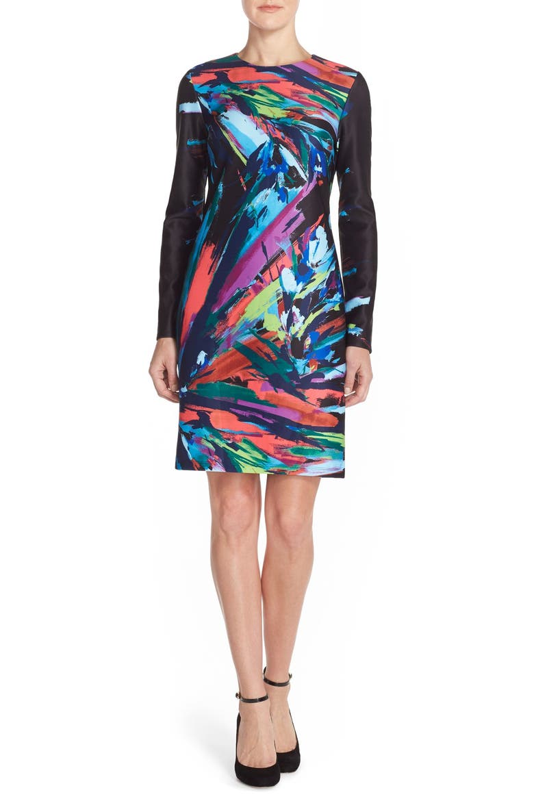 Print Scuba Sheath Dress, Main, color, BLACK MULTI