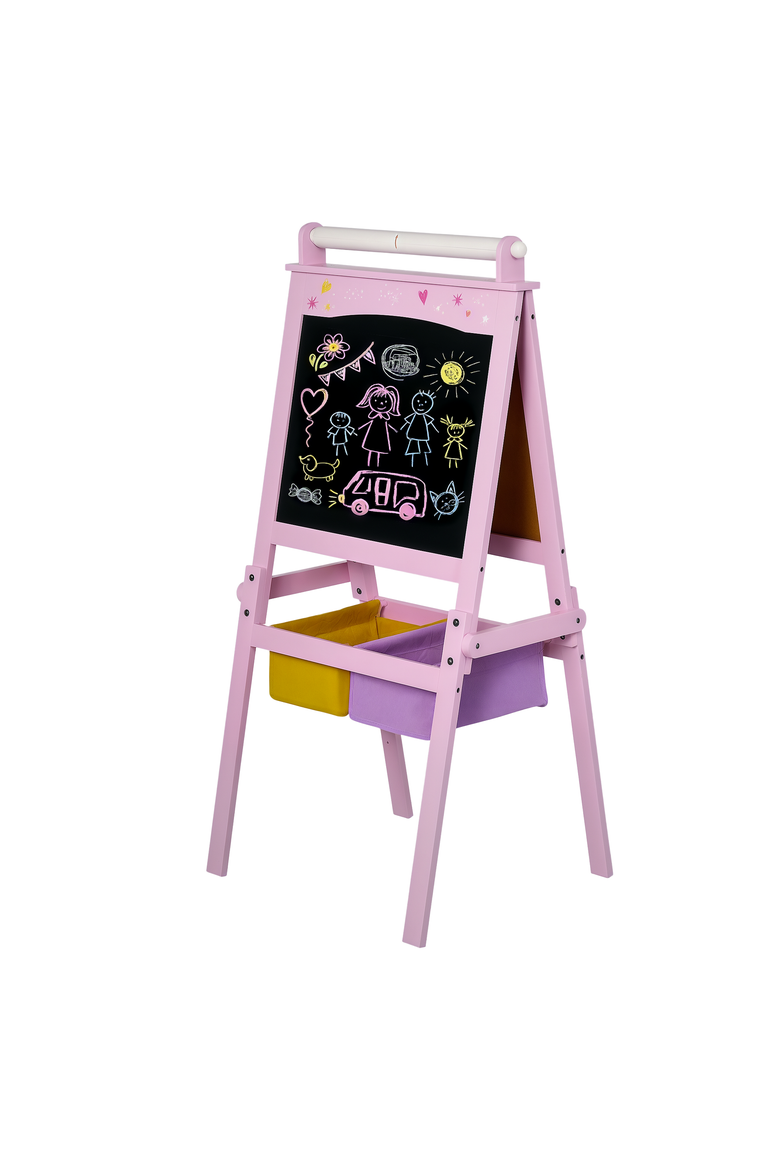 3-in-1 Kids Wooden Art Easel, Paper Roll, Double-Sided Chalkboard & Whiteboard, Storage, Main, color, Pink