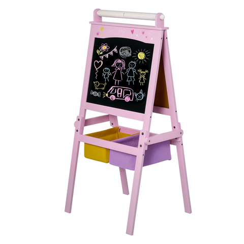 3-in-1 Kids Wooden Art Easel, Paper Roll, Double-Sided Chalkboard & Whiteboard, Storage
