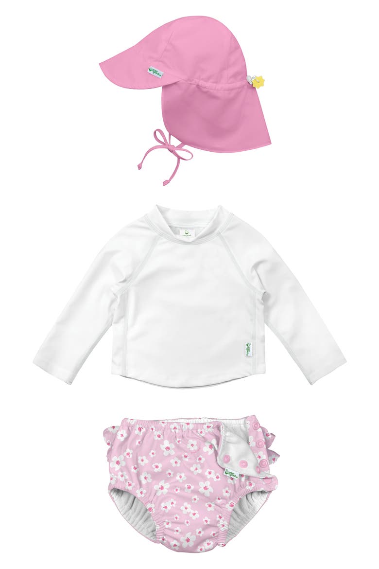 Kids' Sun Hat, Long Sleeve Rashguard & Reusable Swim Diaper Set, Main, color, PINK