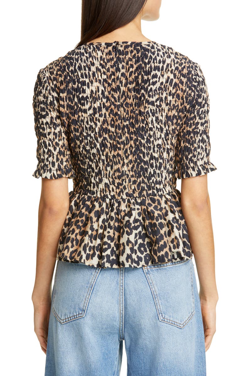 Ganni Leopard Print Cotton & Silk Peplum Top, Alternate, color,