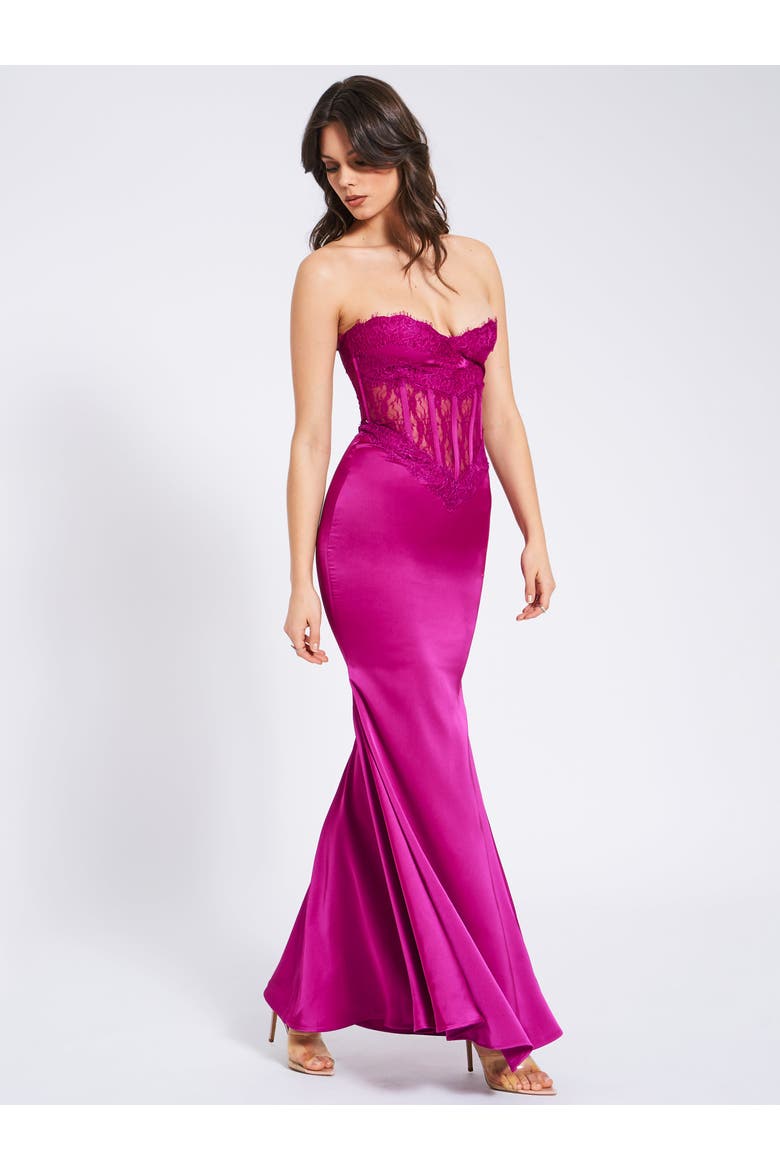 Everleigh Lace Satin Corset Maxi Dress, Alternate, color, Fuchsia