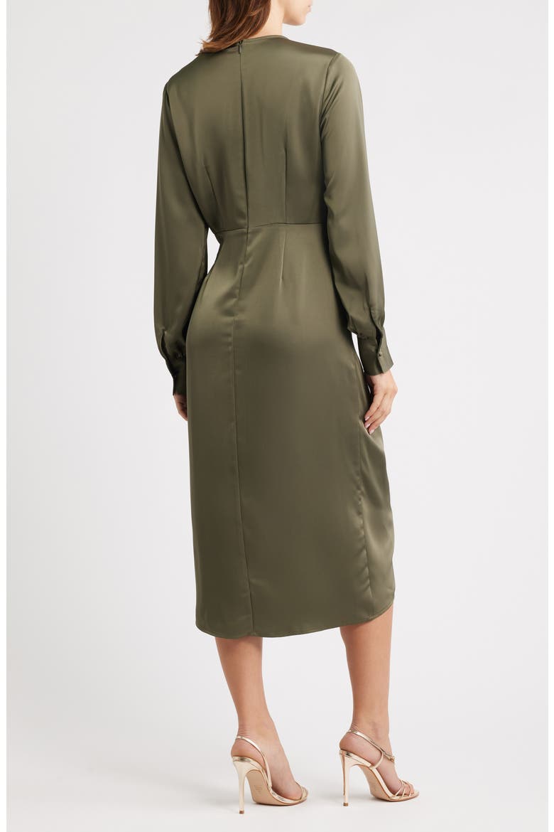 Long Sleeve Faux Wrap Satin Dress, Alternate, color, LODEN