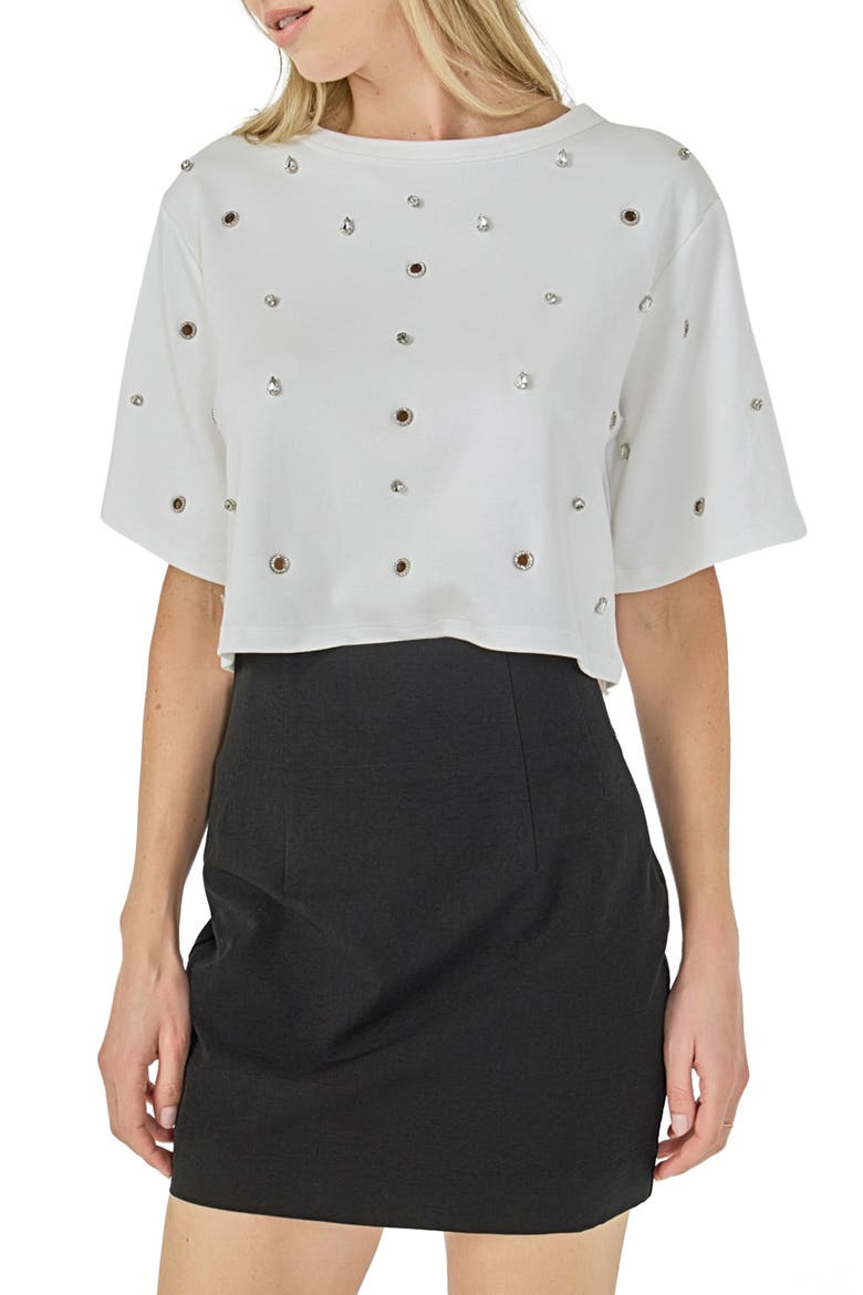 Rhinestone Crop T-Shirt, Main, color, WHITE