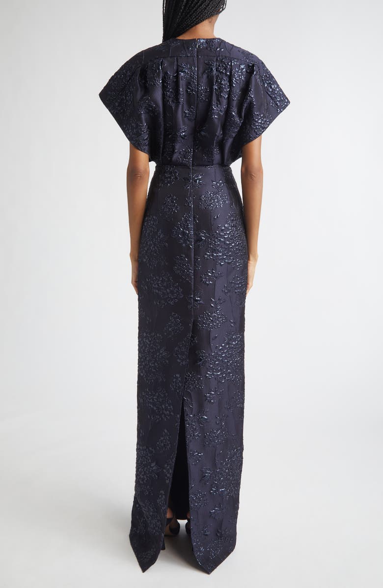 Carolina Herrera Fan Bodice Floral Metallic Jacquard Column Gown, Alternate, color, Midnight