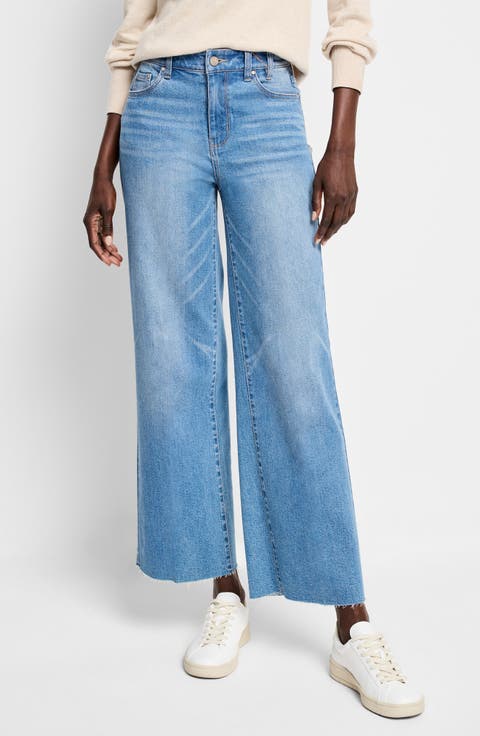 High Waist Raw Hem Wide Leg Jeans (Skyline)