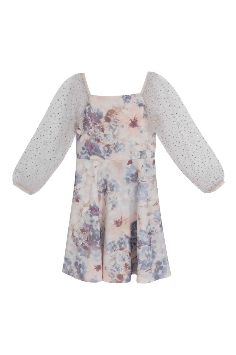 Kids' Floral Long Sleeve Scuba Dress, Main, color, CORAL PEACH/ BLUE MULTI