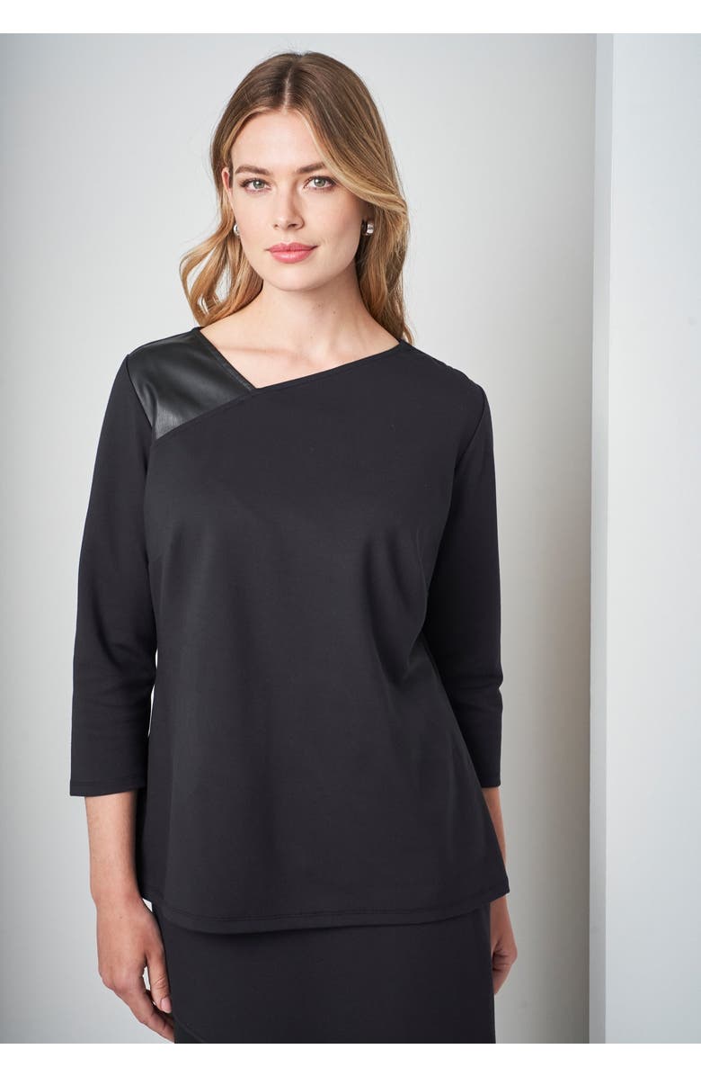Jessica London Mixed Media Ponte Faux Leather Top, Main, color, Black