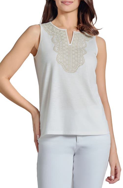 Jones New York Petite Sleeveless Embroidered V-neck Top In Nyc White/natural Stone