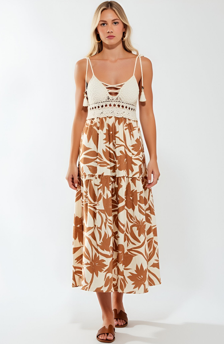 Modenaire Tropical Print Midi Dress with Crochet Bodice and Tie Shoulder Straps, Main, color, 
