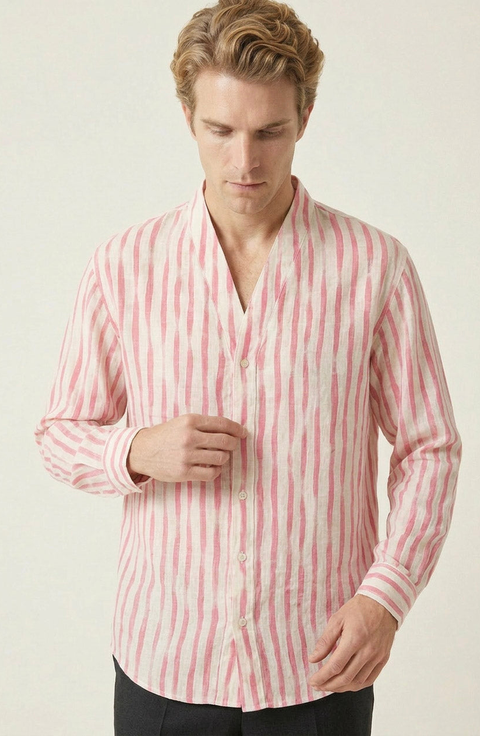 Striped Open Collar Button Front Shirt