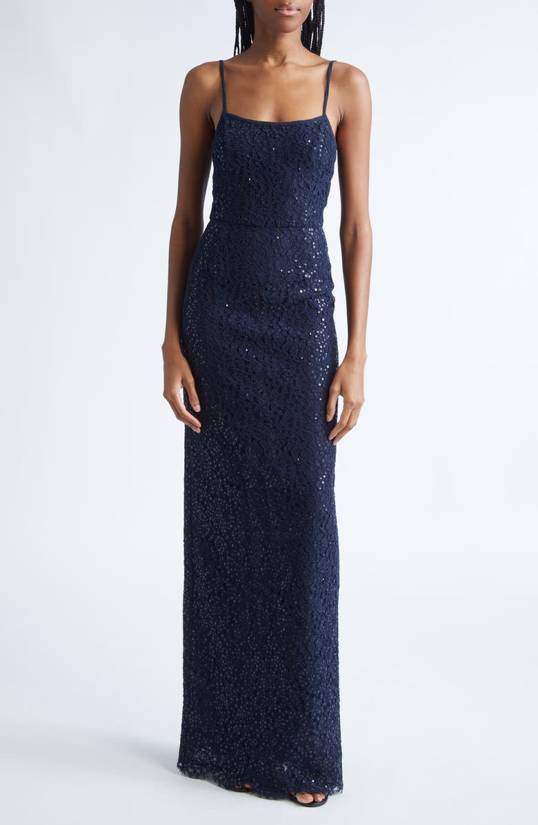 Michael Kors Collection Sequin Corded Floral Lace Gown, Main, color, Midnight