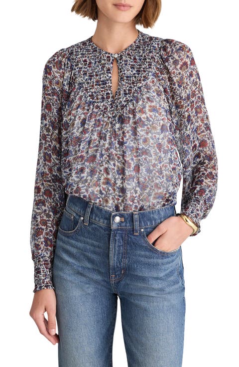 Smocked Split Crewneck Top