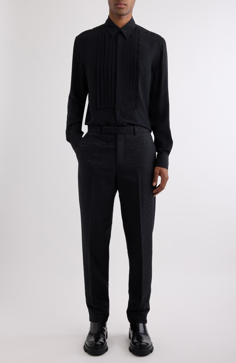 Givenchy Boxy Fit Pleated Plastron Silk Button-Up Shirt, Alternate, color, Black