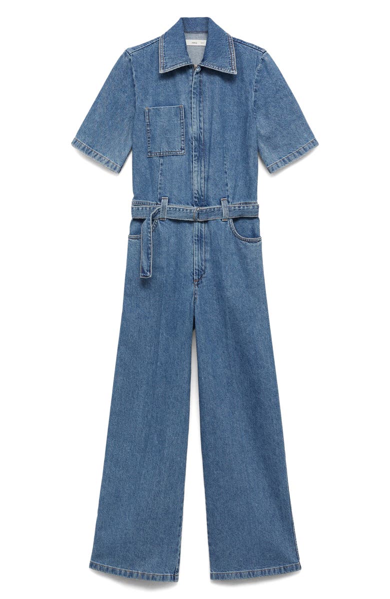 MANGO Fleur Tie Waist Denim Jumpsuit, Alternate, color, Medium Blue